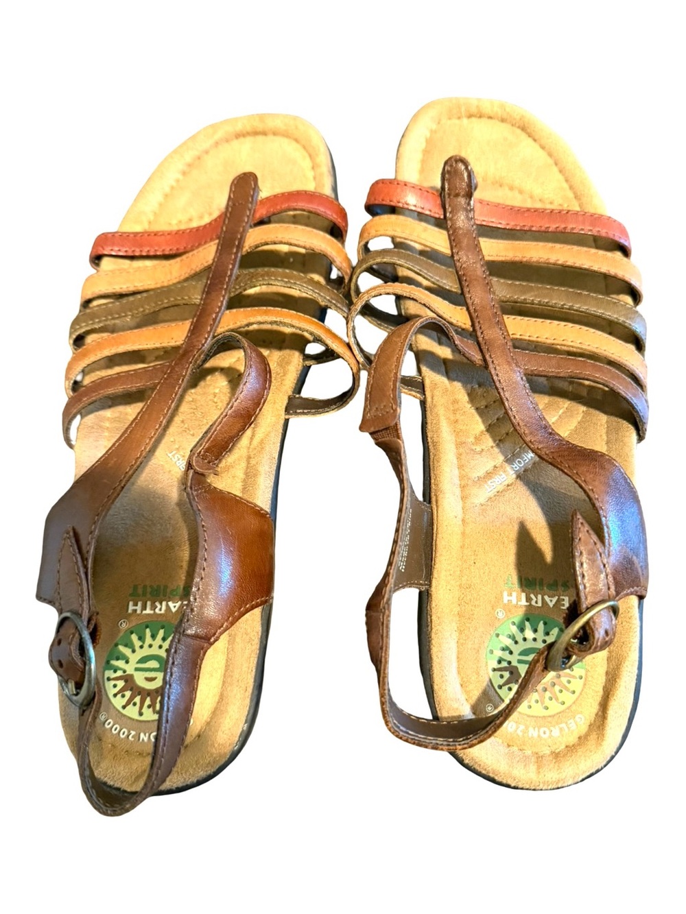 Earth Spirit Brown Multi-Strap Leather Sandals with Coral Accent